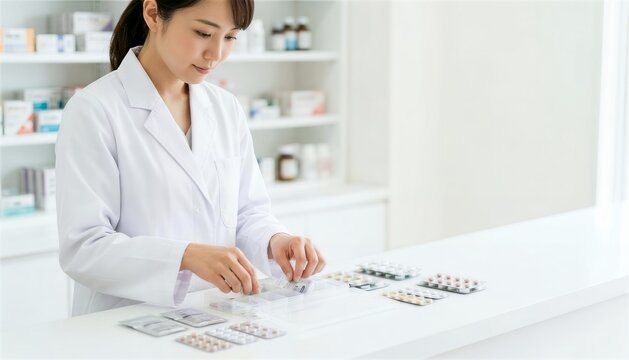 薬局のカウンターでピルケースに薬を仕分ける女性薬剤師