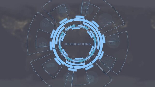 Digital circular interface with the word CREATIVE in the center surrounded by business and data visualizations on a dark blue background Keywords: CREATIVE, creative