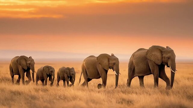 A heartwarming scene of an elephant family traversing the savanna at sunset, evoking feelings of unity, protection and the enduring beauty of nature. 