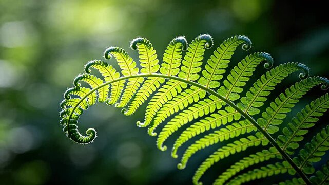 Green fern leaves with spiral shape in sunlight