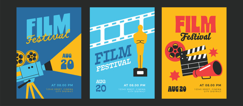 Set of vintage poster film collection. Cinema flyer design for festival or events.