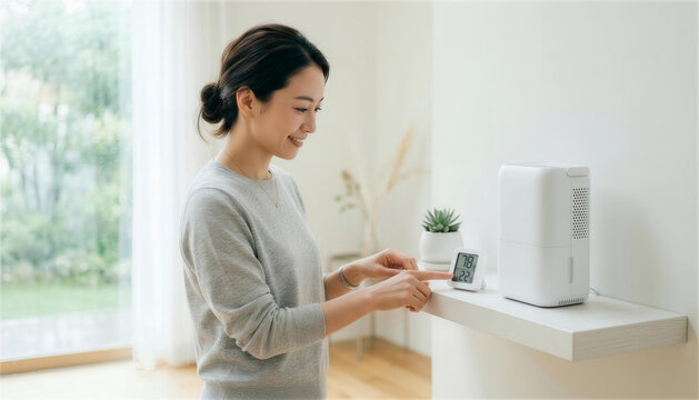 室内で加湿器と温湿度計を確認する笑顔の女性