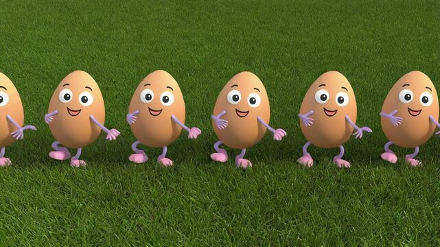 Walking Easter Eggs Parade on Green Grass