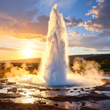 A majestic geyser erupting at sunset