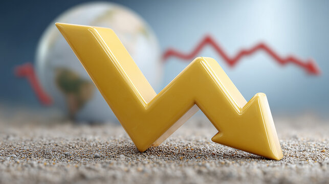 Economic Downturn: Illustrates the concept of an economic downturn, with a downward trending arrow superimposed over a globe and financial charts, symbolizing global economic decline and instability.