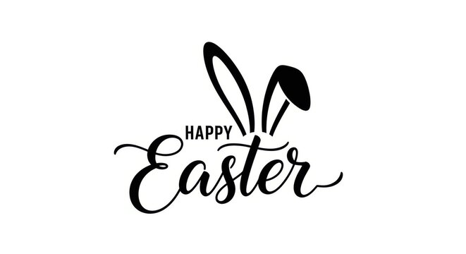 Easter bunny ears and happy easter text in black font on white background
