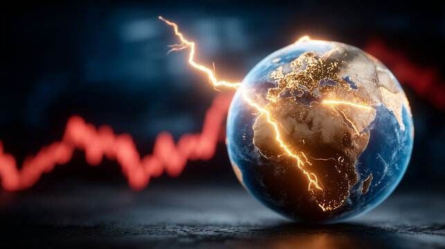 Global Economic Storm: A striking visualization of the world's economy under duress, with a damaged Earth intertwined with a red line representing financial instability.