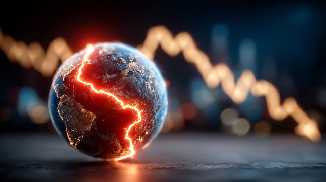 Global Financial Crisis: A stark visual representation of financial turmoil, depicting Earth fractured by glowing fault lines, overlaid with a descending graph.