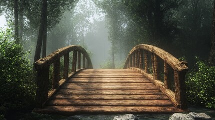Obraz premium Weathered wooden bridge above river in calm woodland setting