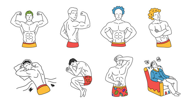Hand drawn colorful illustrations of muscular men flexing and sleeping in bed