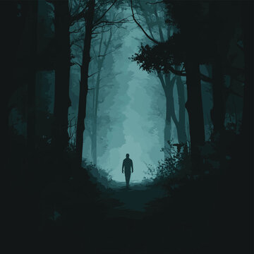 Spooky unknown one person man walking in dark forest , vector style simple color