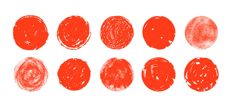 Red Japanese sun stamp in brush ink style. Grunge calligraphy circle with vintage texture for poster, flag, and abstract design.