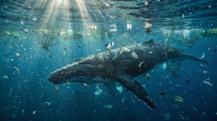 Fototapeta premium Humpback whale swimming in plastic polluted ocean with fishing net debris