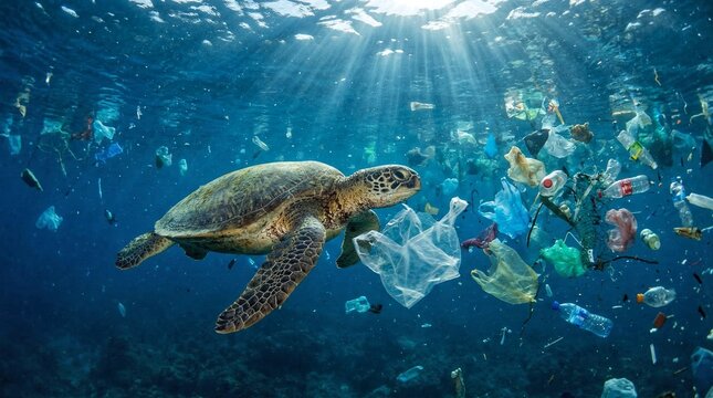 Ocean pollution with sea turtle surrounded by plastic waste underwater, marine plastic crisis concept