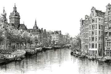 Obraz premium Black and white architectural city skyline sketch with river, historic buildings, boats, and trees along water, capturing peaceful and detailed urban scene with classic European style
