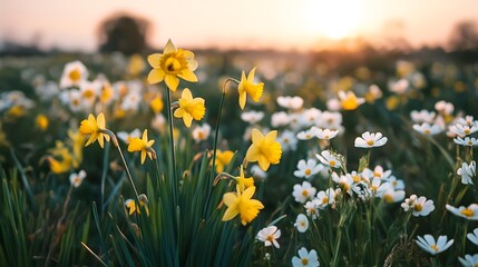 A vibrant field of daffodils and daisies blooms under the warm glow of the sunset, showcasing the beauty of nature.