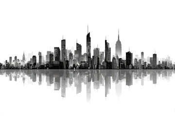 Obraz premium Black city skyline silhouette with skyscraper reflection on water, modern urban architecture with tall buildings and towers creating dramatic and artistic cityscape view