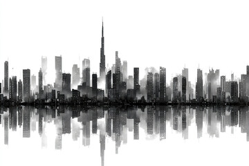 Obraz premium Black city skyline silhouette with skyscrapers and modern downtown buildings reflected in water, creating dramatic and moody urban atmosphere