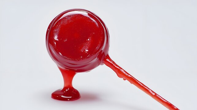 A vibrant red lollipop with melted candy dripping from its surface, showcasing a delightful treat for sweet lovers.