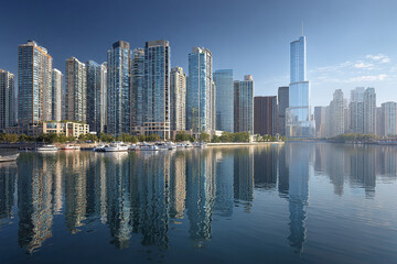 Fototapeta premium Chicago downtown skyline panorama with waterfront lake view reflecting modern high rise buildings and boats on clear sunny day with blue sky and calm water surface