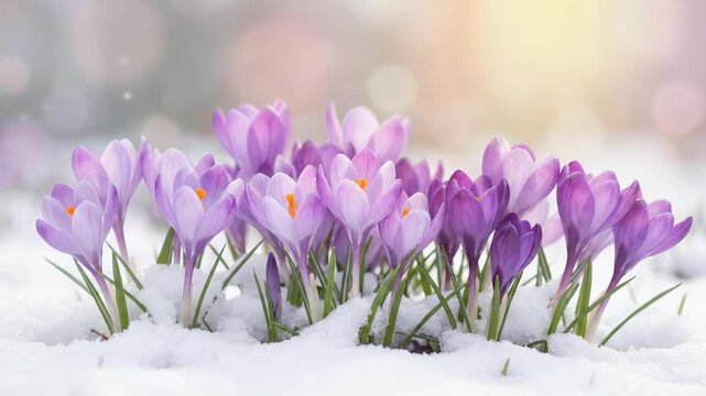 Purple crocus flowers blooming through white snow. Spring awakening in winter landscape. Cinematic close-up of early spring blossoms with soft bokeh background