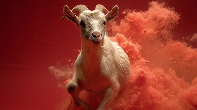 Golden Fire Goat Animation for 2027 Year of the Goat Chinese New Year, Majestic Mythical Goat Surrounded by Flames in Red Festive Landscape, Symbol of Prosperity, Fortune and Lunar New Year for 2027