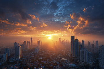 Naklejka premium City skyline at sunrise with golden light and dramatic sky, tall buildings casting long shadows over urban area, creating peaceful and inspiring morning atmosphere