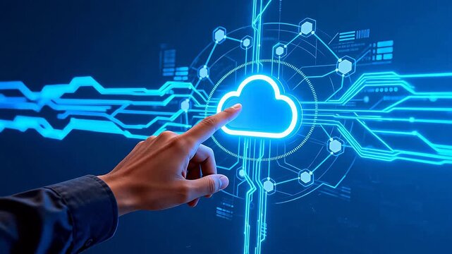 Hand touching cloud technology interface