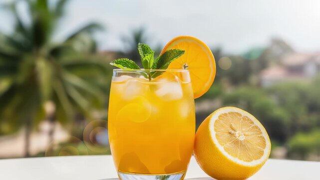 Glass of cold orange juice with ice and mint. Refreshing citrus beverage with an orange slice and lemon on a table. Tropical summer drink concept