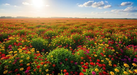 Fototapeta premium A beautiful field of colorful flowers under a bright sunny sky