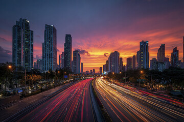 Fototapeta premium City skyline sunset with long exposure traffic light trails on busy highway, vibrant orange and purple sky creating dynamic urban atmosphere at dusk