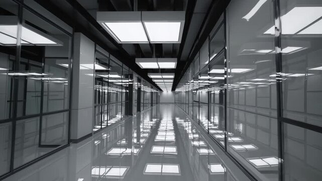 Modern futuristic office corridor with glass walls. Empty corporate hallway with white reflective floors. Architecture and business concept
