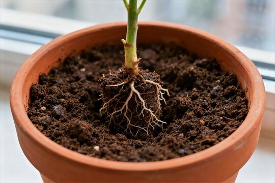 Terracotta propagation pot with rootball &mdash; plant propagation macro
