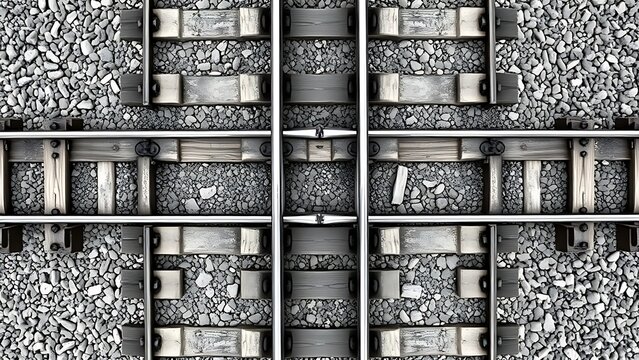 sleepers. Top-down view of parallel railway tracks and wooden sleepers creating geometric lines. mobility guides, transit brochures, designed for mobility and urban transit guides.