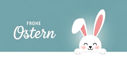 Fototapeta premium Frohe ostern white bunny on blue background with text