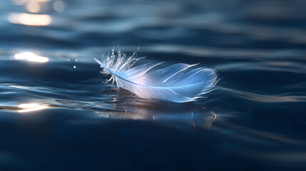 White feather floating on blue water with golden reflections at sunset