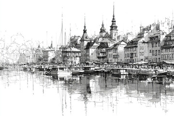 Obraz premium Waterfront cityscape sketch with detailed architectural buildings, boats docked along harbor, and reflections on calm water, capturing lively urban atmosphere