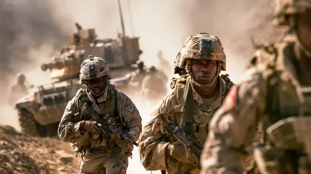 Intense and determined soldiers advance through a dusty terrain, conveying a sense of courage, resilience, and readiness for challenging missions. Ide