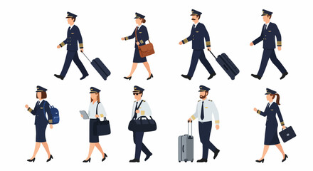 Flat Vector Illustration Set of Diverse Airline Pilots in Uniform Walking with Various Luggage and Flight Bags Isolated on White Background © Maya