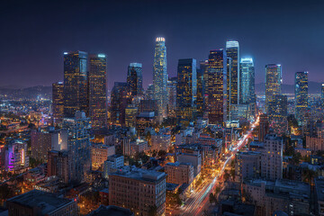 Obraz premium Downtown skyline at night with glowing skyscraper lights and busy streets illuminated by vehicle trails creating vibrant urban atmosphere full of energy and life