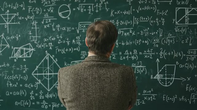 Professor contemplating complex mathematical formulas on a chalkboard. Scientist analyzing physics equations in a classroom. Academic research and problem solving concept