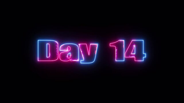 Glowing neon text Day 14 typography animation on black background. 14 Day To Go glowing neon Animation.