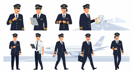 Flat vector illustration set of airline pilots in uniform performing various duties at the airport and in flight.