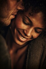 Fototapeta premium A close-up shows a smiling woman with curly hair while a man whispers near her ear in warm lighting. The intimate moment captures joy and affection between the couple softly.