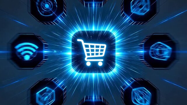Digital shopping cart icon with radiating rays and tech modules
