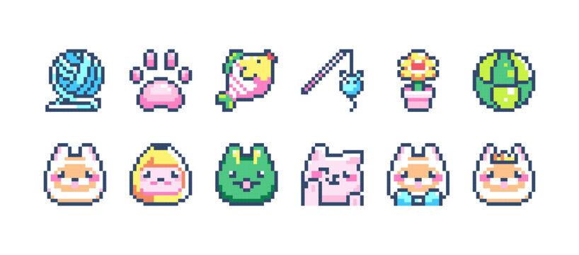 Pixel Art Cat Care Icons Collection. 8 Bit Retro Pet Accessory Illustration Set with Yarn, Paw, Fish, Toy, Flower, Ball and Cute Kitty Faces for Game Assets, Sticker and Mobile Design, Cross Stitch,