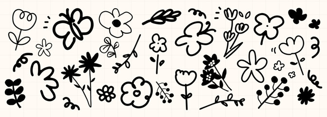 Fototapeta premium Playful black floral doodles vector set