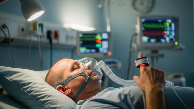 Man in hospital with oxygen.