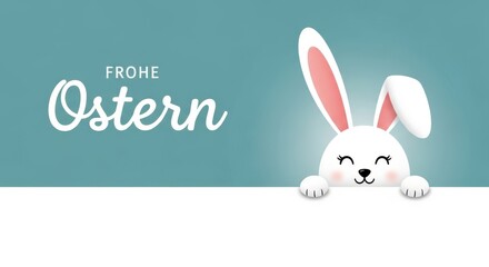 Obraz premium Cute white bunny peeking from behind a sign with frohe ostern text on a blue background