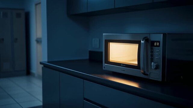 Modern kitchen interior with illuminated microwave oven on dark countertop in low light